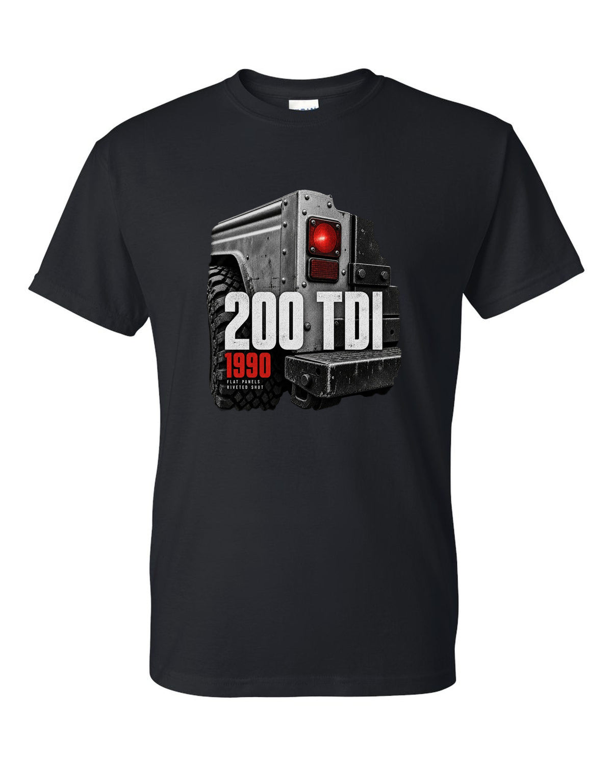 Land Rover Defender 200 Tdi taillight and riveted panel macro print black t-shirt front view with the design