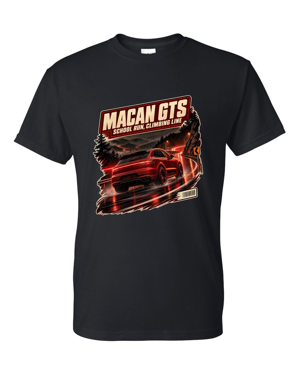 Wet mountain road print of a low front three-quarter Porsche Macan GTS 95B black t-shirt front view with the design