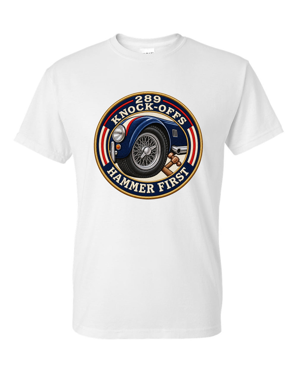Embroidered-patch style crest print for a Shelby Cobra 289 with Knock-Offs lettering white t-shirt front view with the design