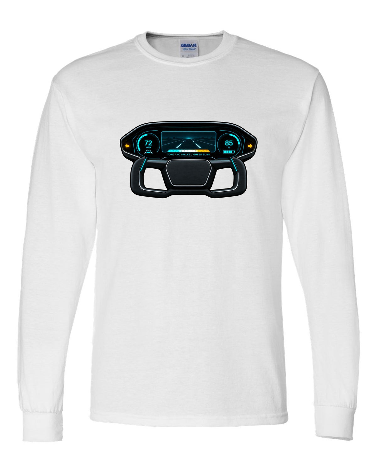 Gauge-cluster HUD design for a 2021 Tesla Model S Plaid with the words Yoke No Stalks Guess Blink white long sleeve front view with the design