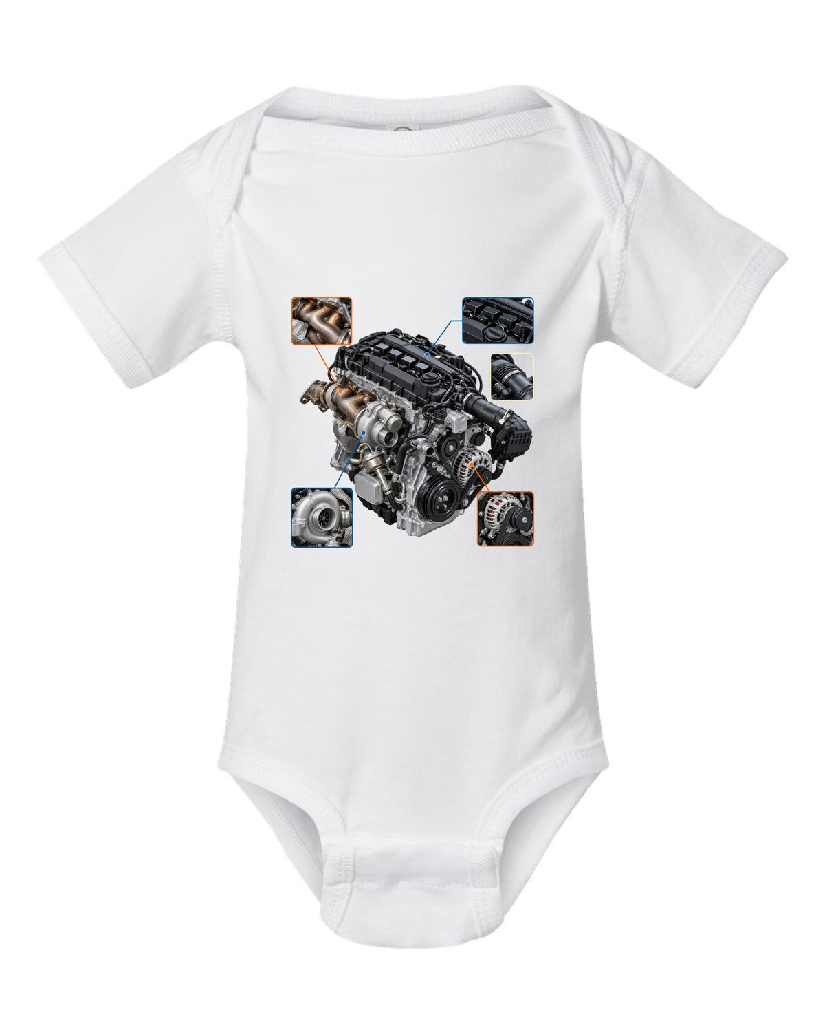 Graphite-blue Toyota GR86 ZN8 shown in three views with spec table white baby onesie front view with the design