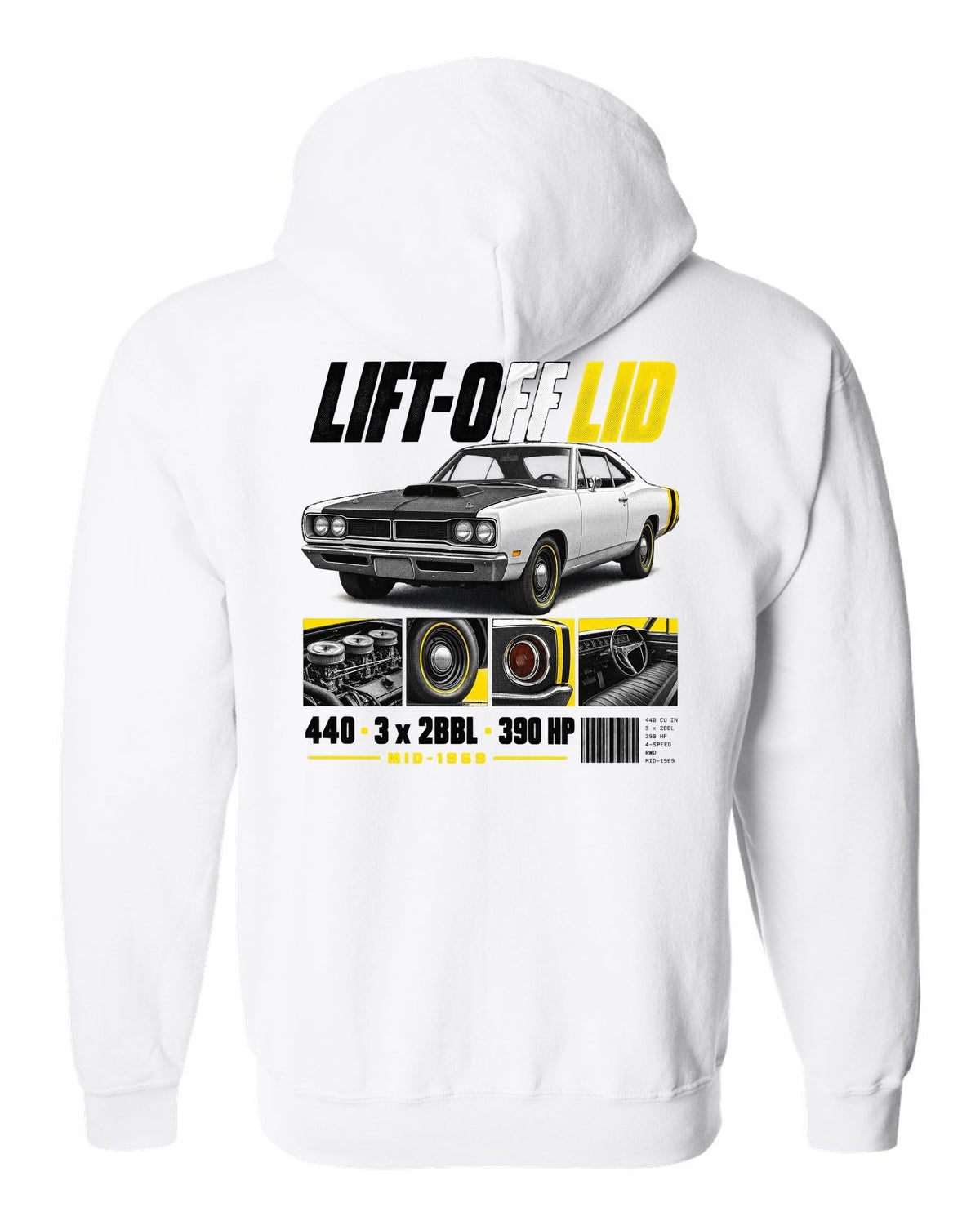 1969 Dodge Coronet Super Bee A12 dossier panel print with lift-off lid and 440 lettering white zip hoodie back view with the design