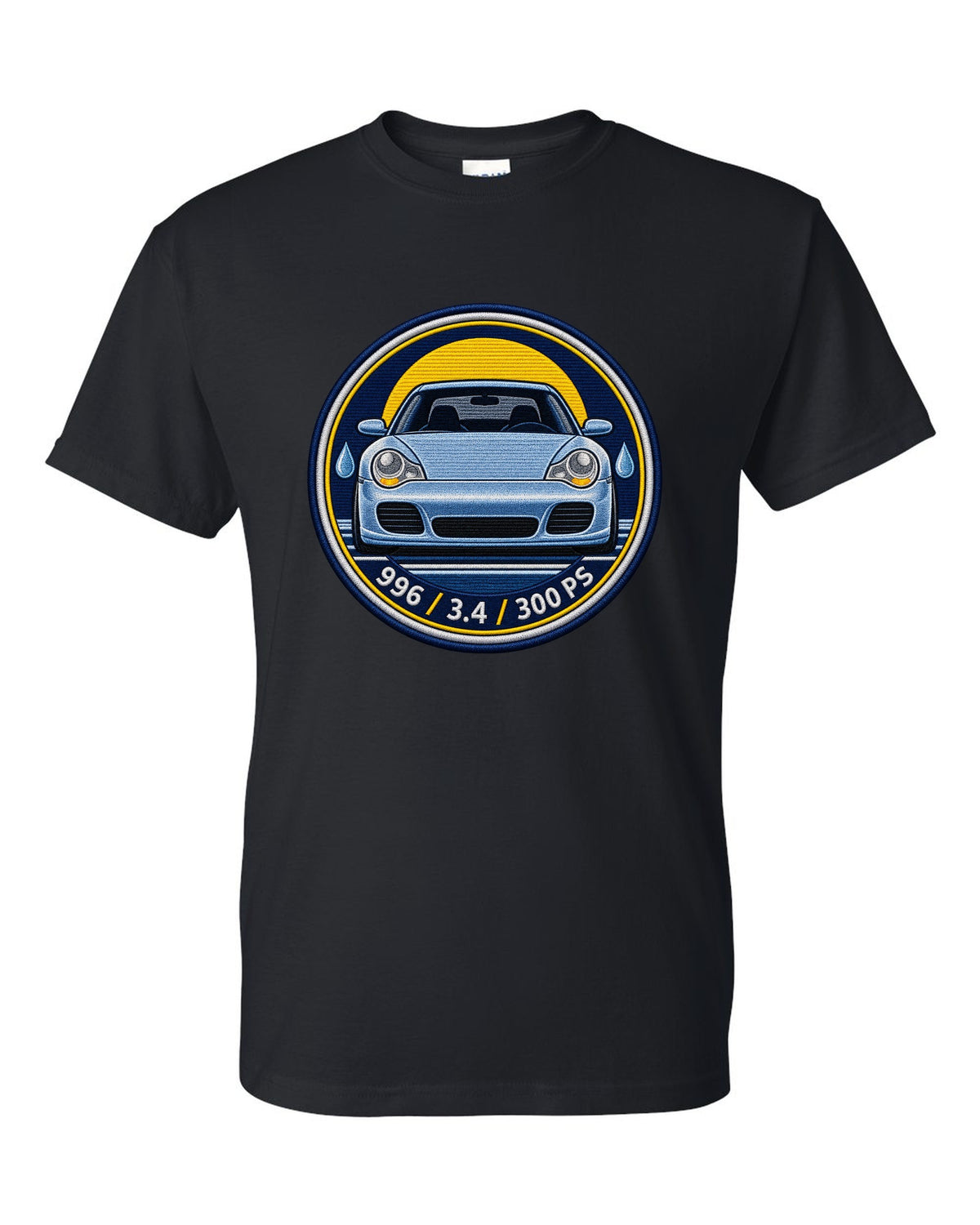 Round crest print of a 2004 Porsche 911 Carrera 997 with the text 997, 3.6 and 325 PS black t-shirt front view with the design