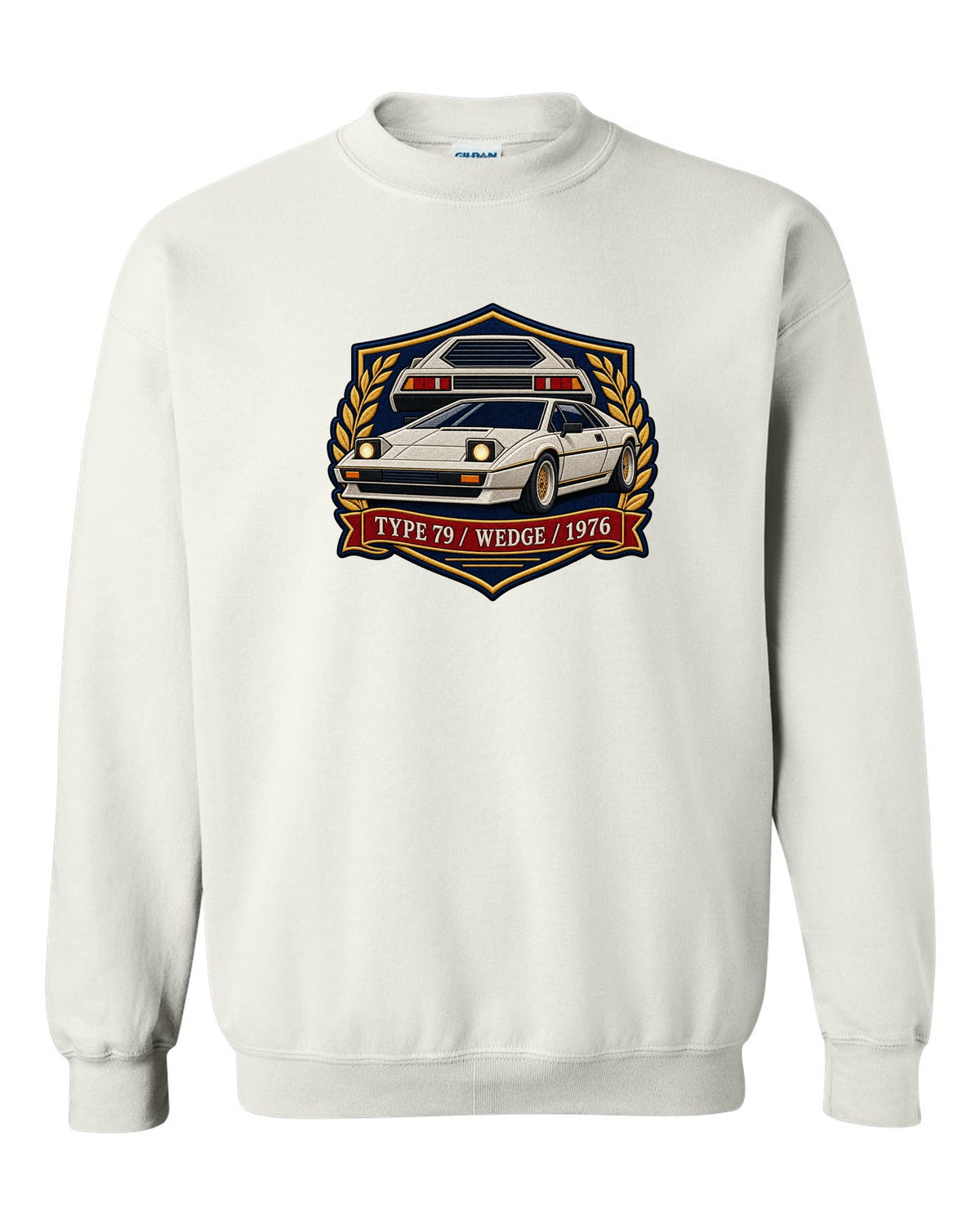 Lotus Esprit Type 79 varsity crest with TYPE 79 WEDGE 1976 lettering white crewneck front view with the design