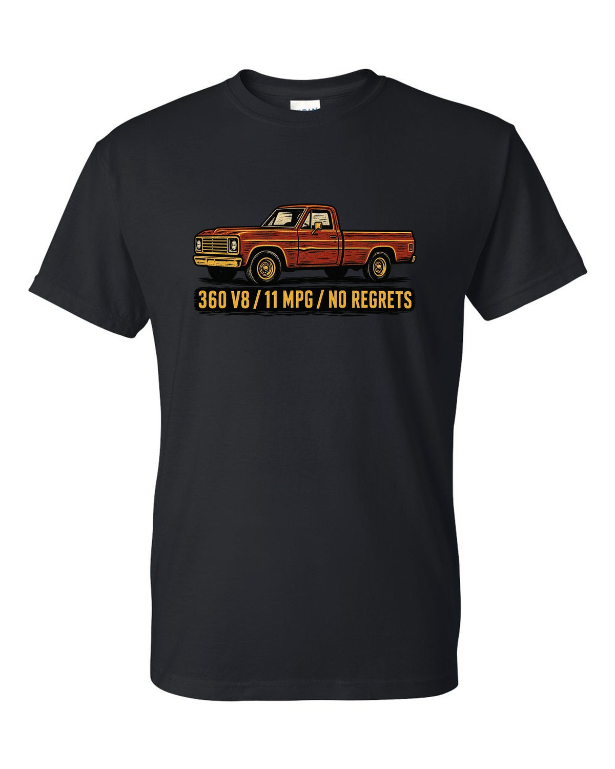 Dent-Side Ford F-150 1973-79 Crease Linocut black t-shirt front view with the design