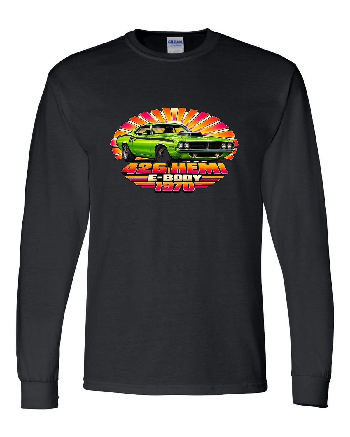 1970 Plymouth Hemi Cuda E-body 70s airbrush sunburst print with 426 Hemi text black long sleeve front view with the design