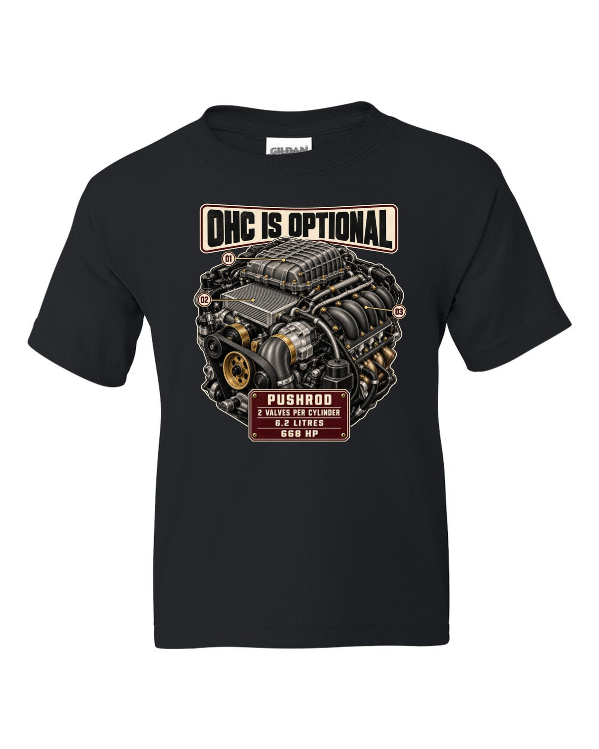 print of the Cadillac LT4 6.2L supercharged V8 engine from the CT5-V Blackwing black kids tee front view with the design