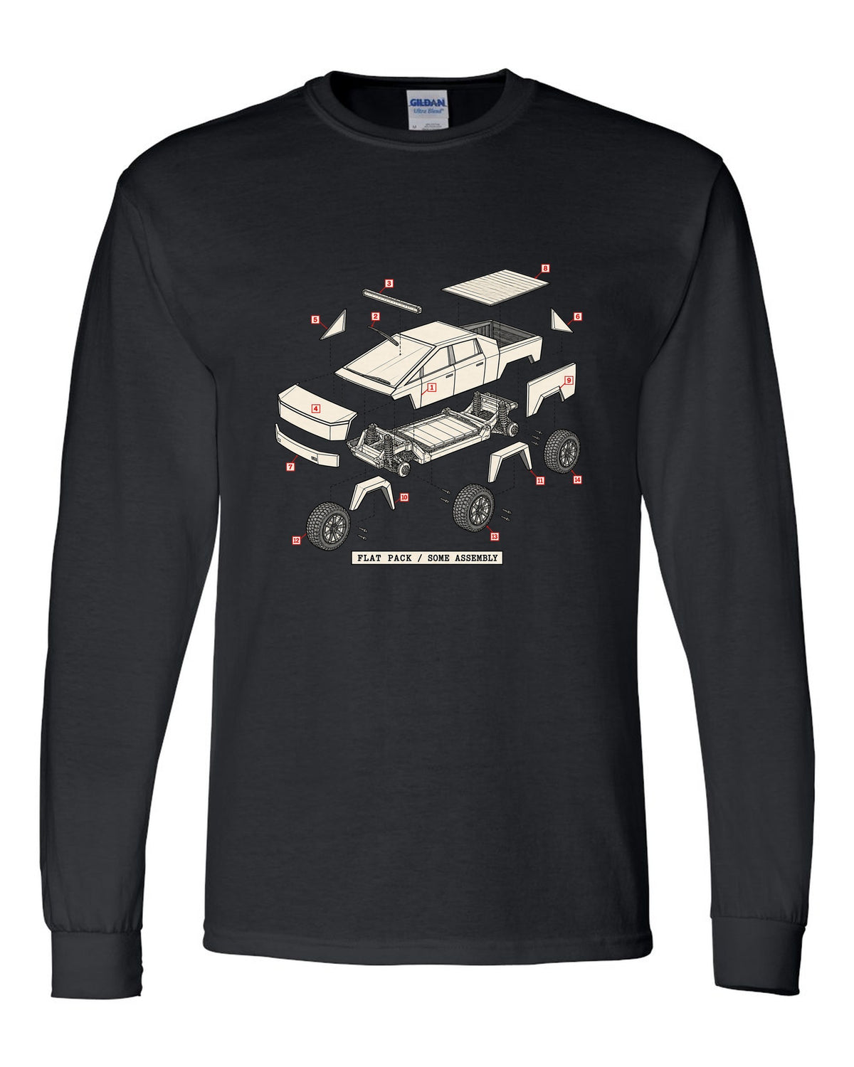 Isometric exploded-view patent drawing of a 2023 Tesla Cybertruck with the words Flat Pack Some Assembly black long sleeve front view with the design
