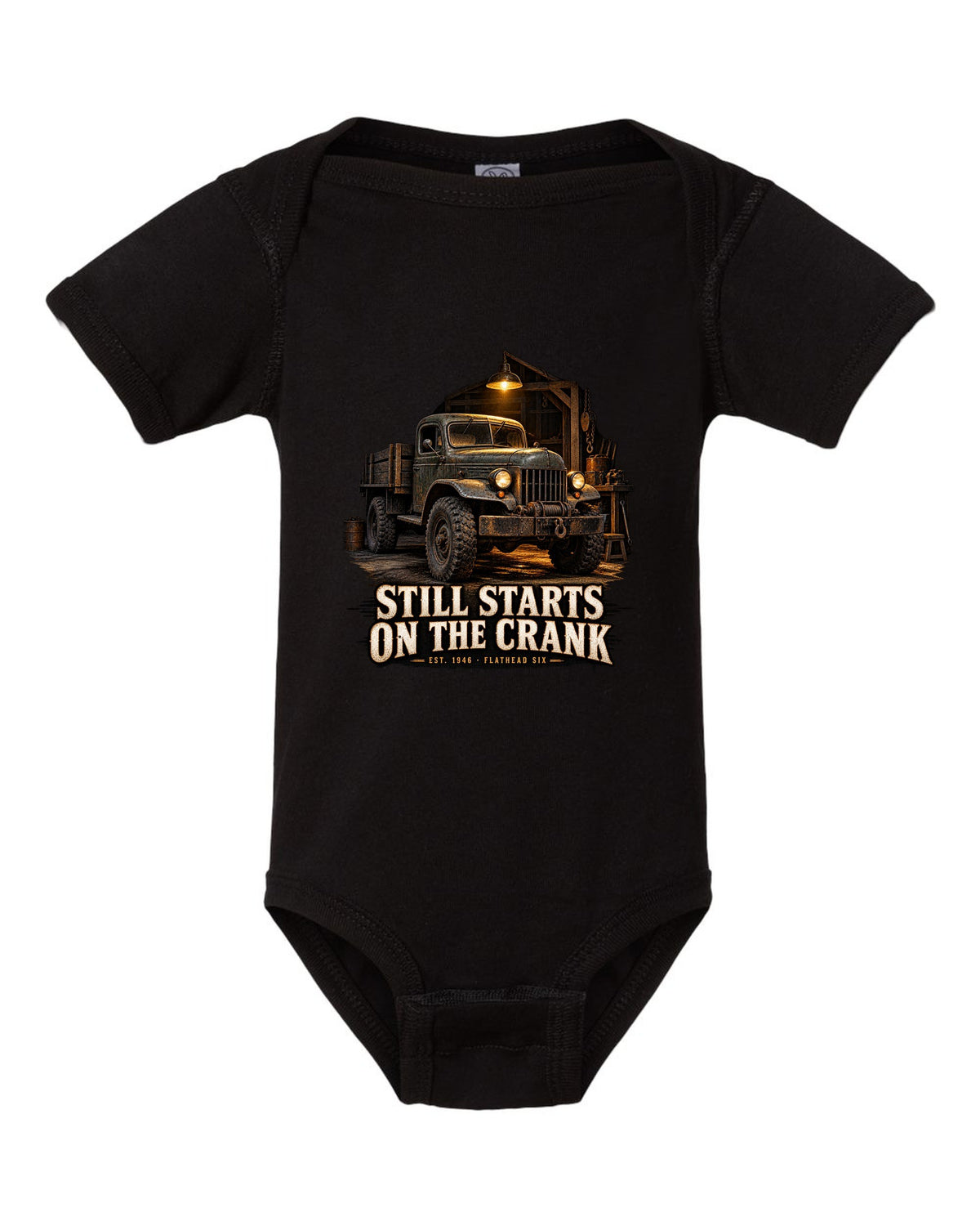 Garage night print of a 1946-1960s Dodge Power Wagon flat fender with starts on the crank text black baby onesie front view with the design