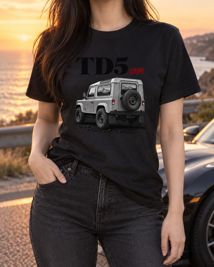 Land Rover Defender 90 Td5 1998 Editorial Graphic Tee T-Shirt Black worn hero
