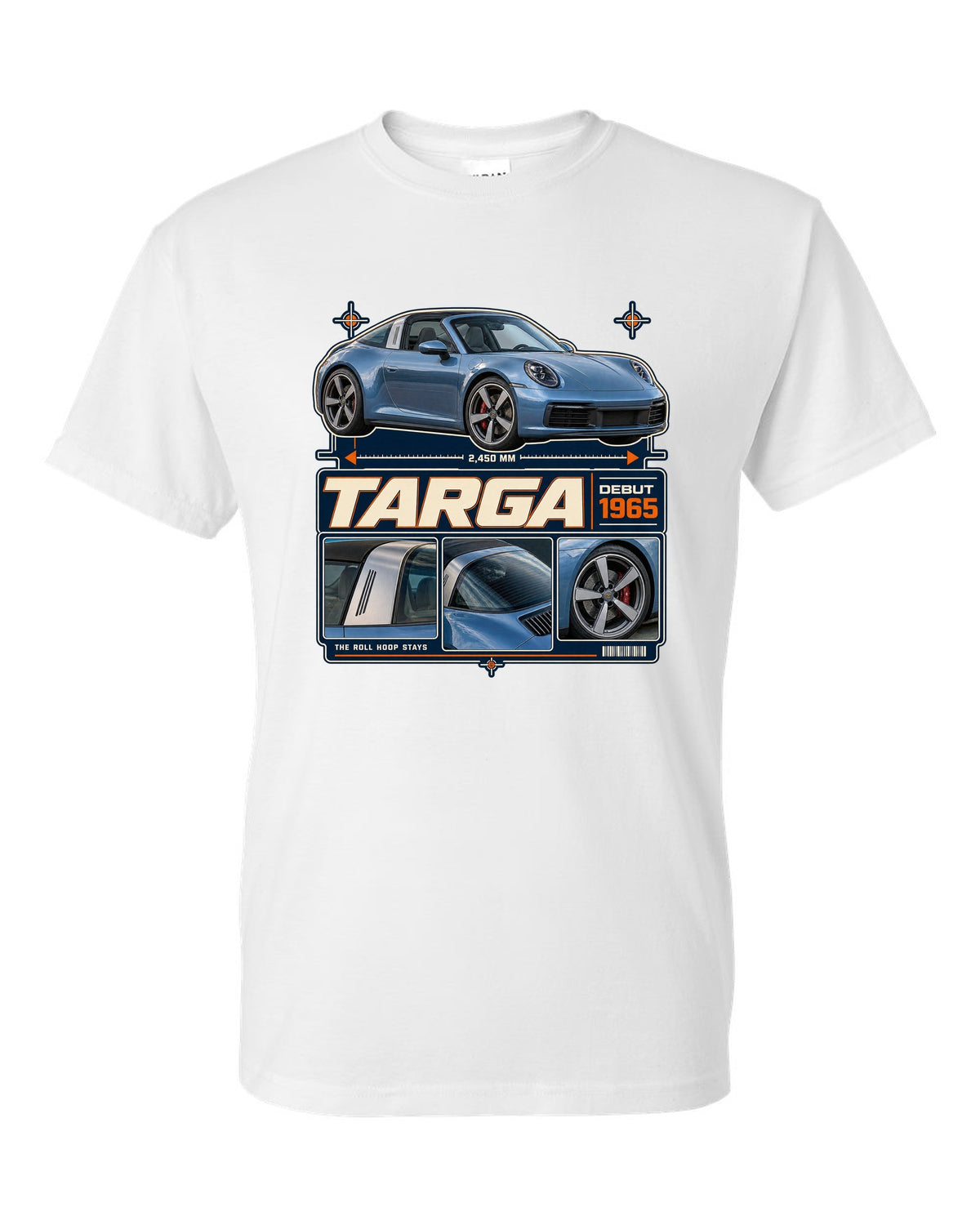 Dossier panel print of a Porsche 911 Targa 4S 992 with roll hoop white t-shirt front view with the design