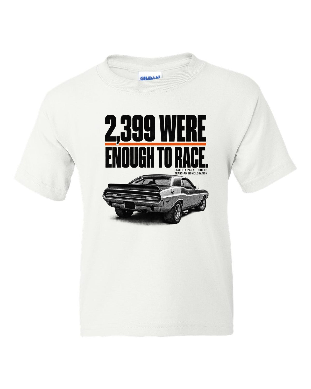 1970 Dodge Challenger T/A halftone print with 2,399 built and 340 Six Pack lettering white kids tee front view with the design