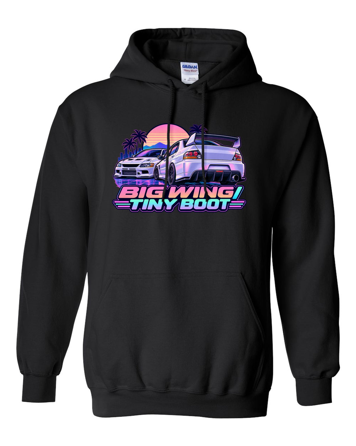 Vaporwave pastel print of the Mitsubishi Evo IX CT9A with big wing tiny boot text black pull over hoodie front view with the design