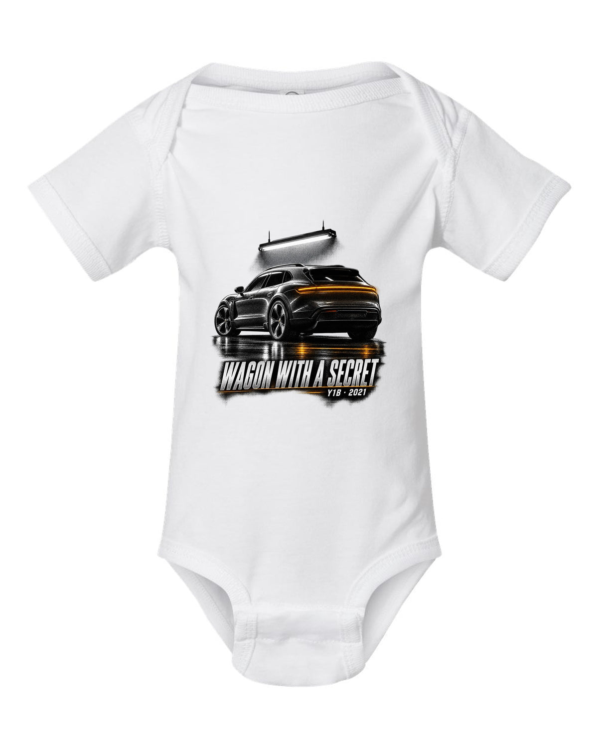 Porsche Taycan Cross Turismo Y1B in a dark garage, print design white baby onesie front view with the design