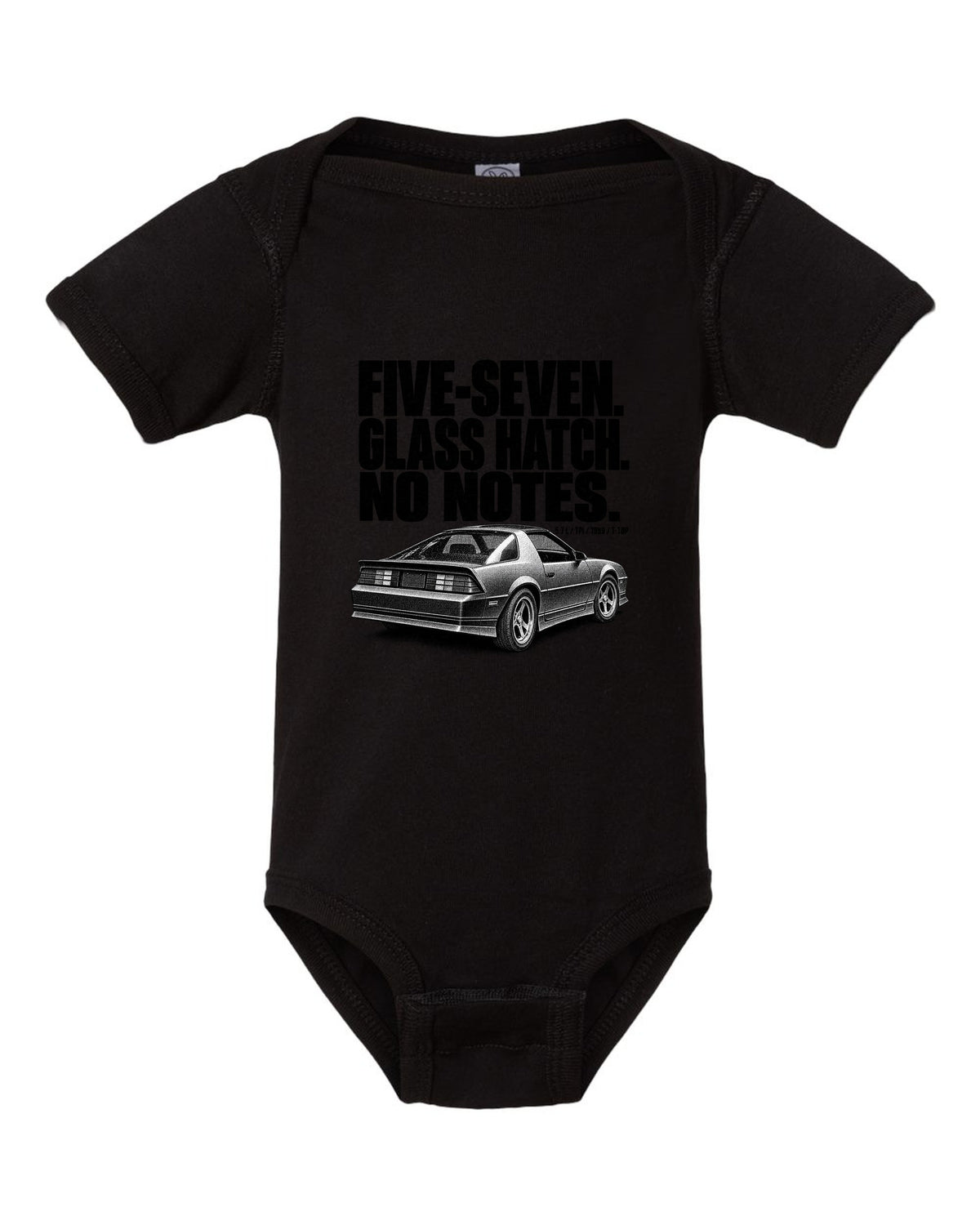 Halftone print of a 1989 Chevrolet Camaro IROC-Z glass ch with five-seven text black baby onesie front view with the design