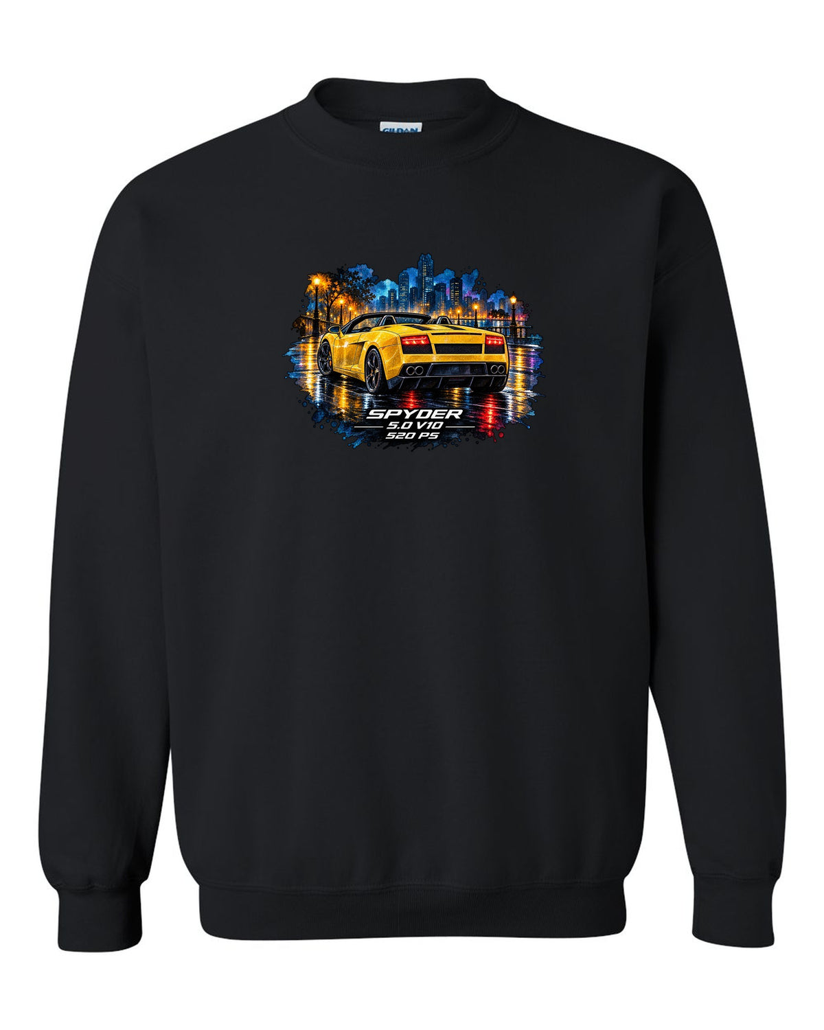 Watercolour wet-road night scene of a Lamborghini Gallardo Spyder with V10 and 520 PS text black crewneck front view with the design