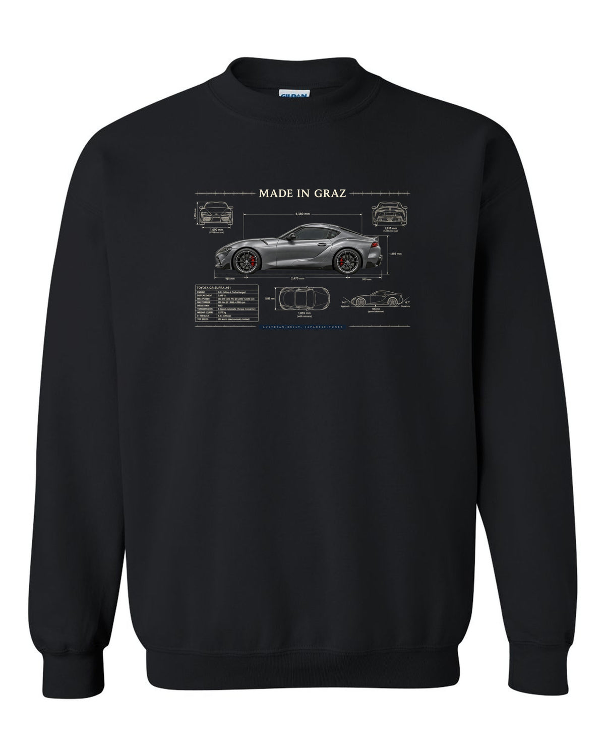 Steel blue Toyota GR Supra 3.0 with aero airflow callouts and 50:50 weight text black crewneck front view with the design