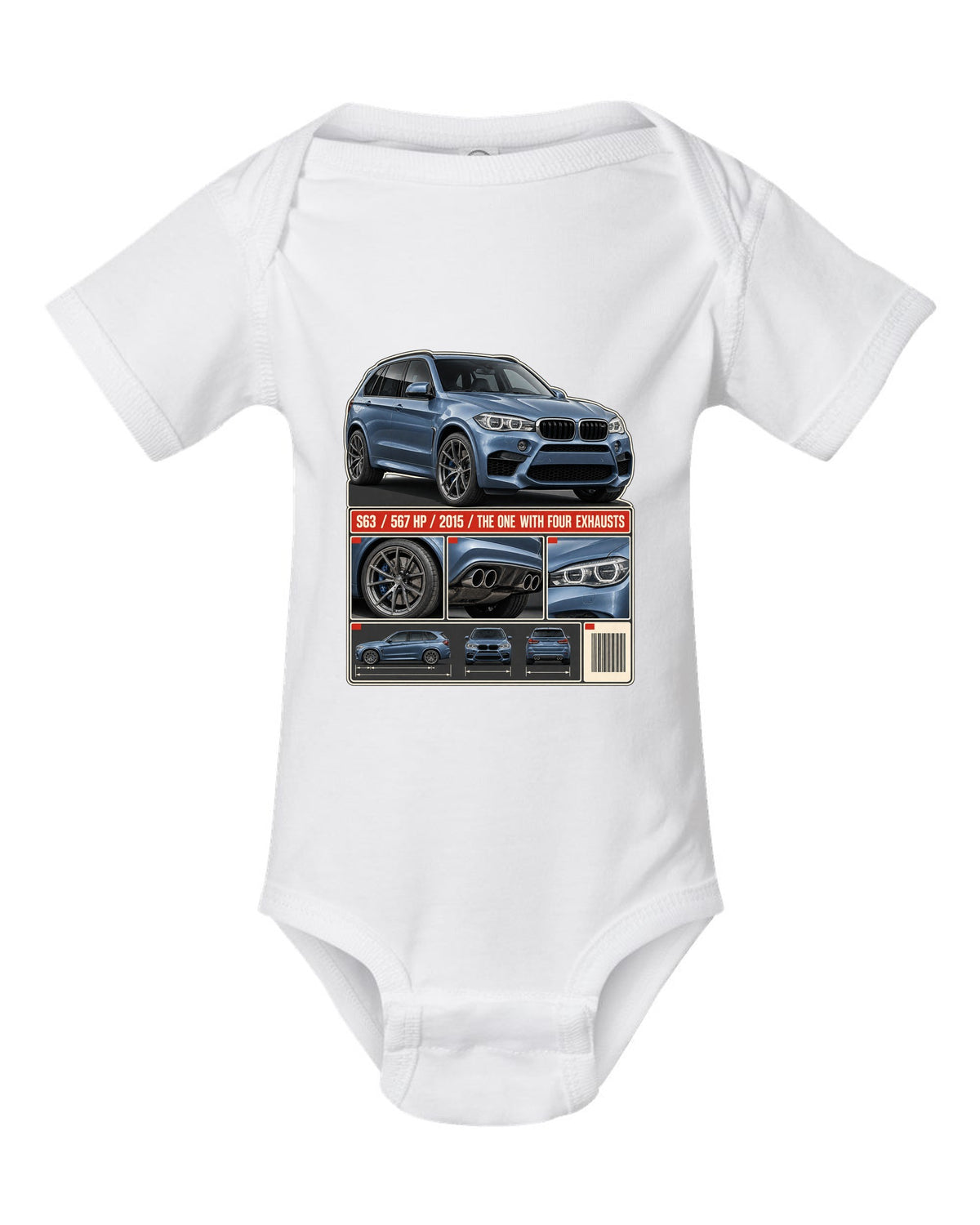 BMW X5 M F85 dossier panels print on a tee white baby onesie front view with the design