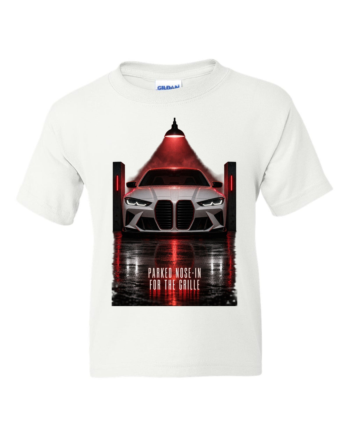 BMW G80 M3 garage night print with parked nose-in for the grille text white kids tee front view with the design