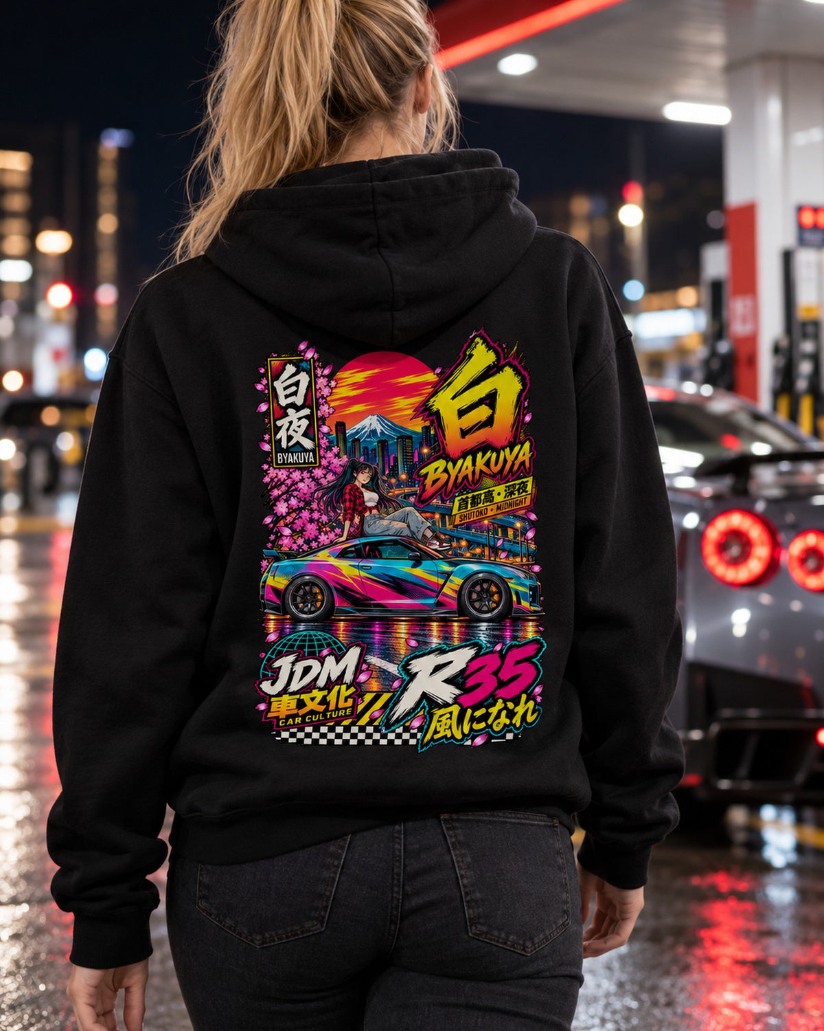 BYAKUYA R35 Anime Girl Full-Back Graphic Tee Pull Over Hoodie Black worn hero
