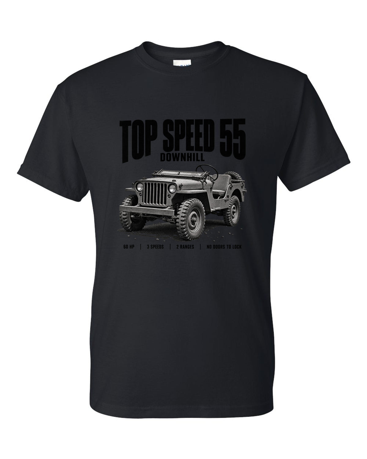 Halftone print for the Willys MB, Top Speed 55 Downhill black t-shirt front view with the design