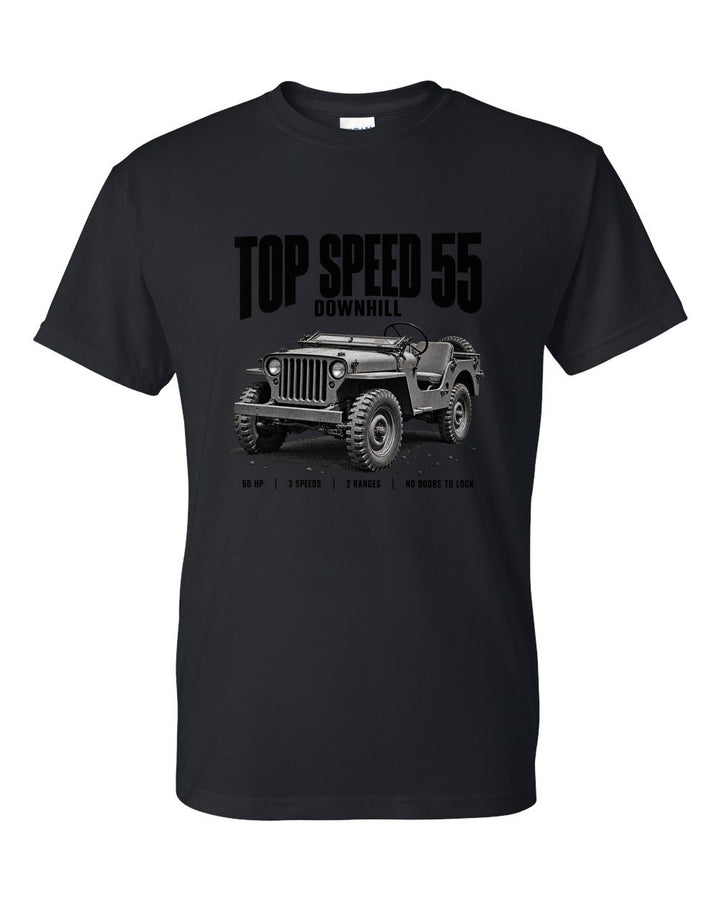 Halftone print for the Willys MB, Top Speed 55 Downhill black t-shirt front view with the design