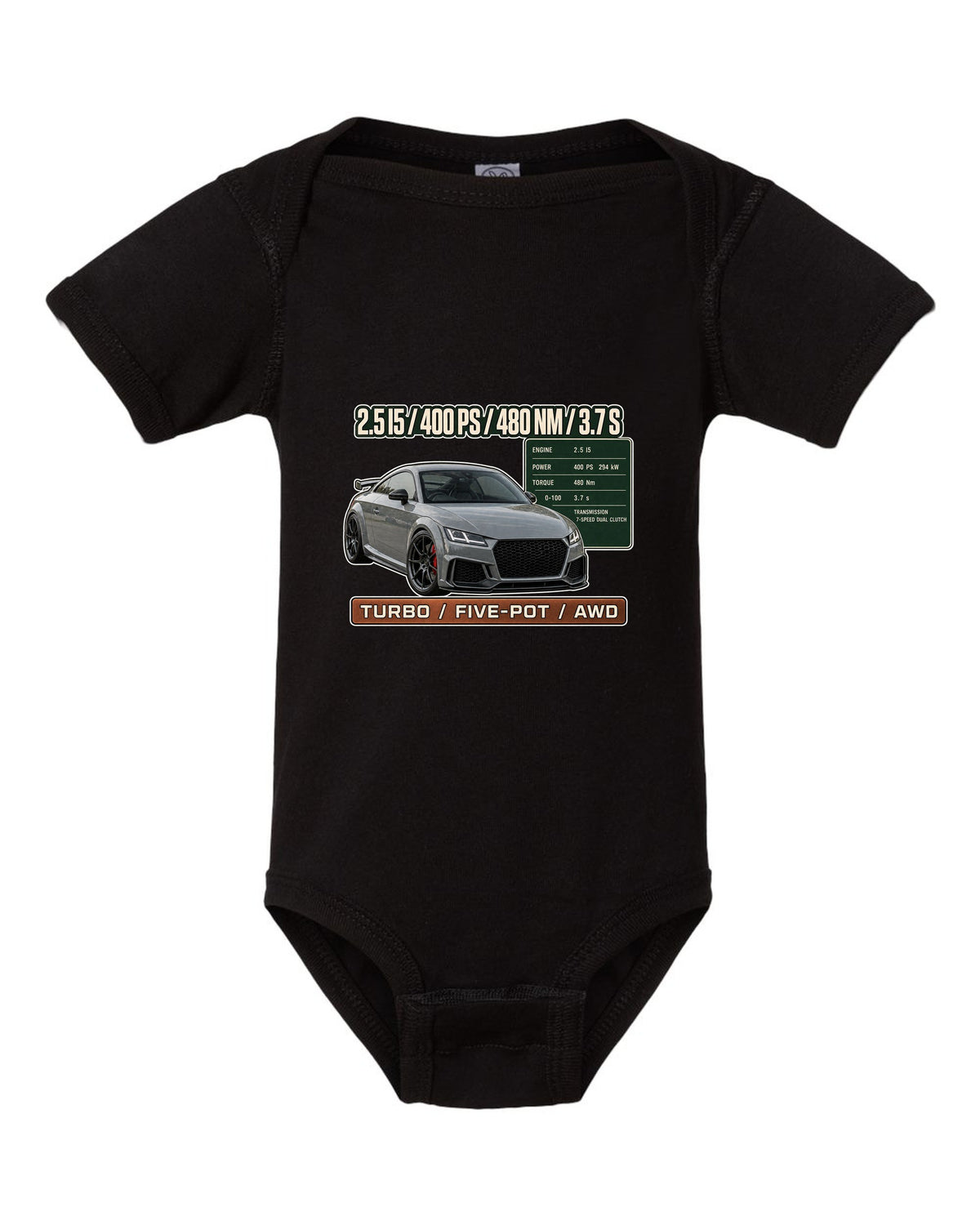 Audi TT RS 8S coupe spec poster print with 400 PS and 480 Nm black baby onesie front view with the design