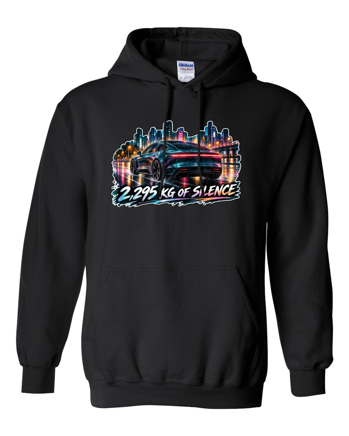 Porsche Taycan Turbo S 9J1 watercolor wet road night print with the text 2,295 kg of silence black pull over hoodie front view with the design
