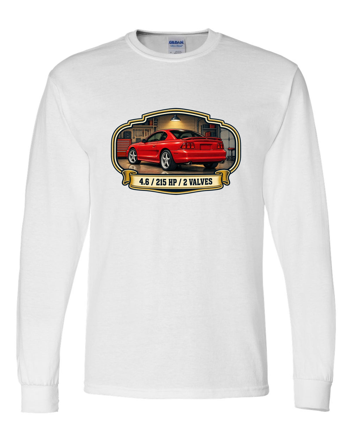 Vintage oil can label design of a 1994-98 SN95 Ford Mustang coupe with 4.6 specs white long sleeve front view with the design