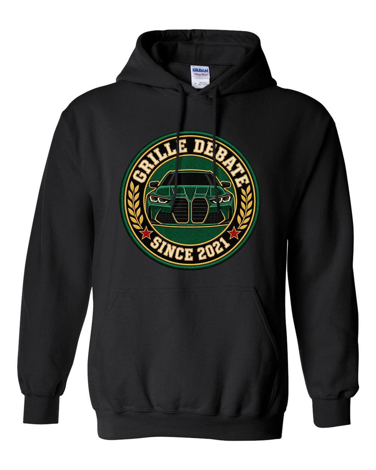 BMW G80 M3 varsity crest print with grille debate since 2021 text black pull over hoodie front view with the design