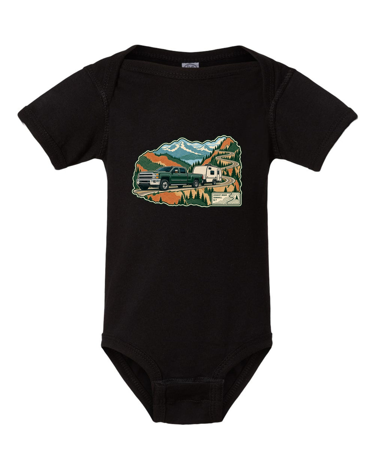 Topographic mountain pass print with a 2010-2018 Ram 2500 6.7 Cummins towing a camper black baby onesie front view with the design