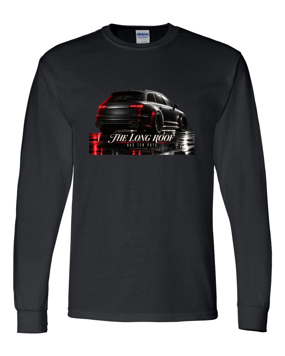 Audi RS6 Avant C6 4F V10 rear three-quarter in a garage with long roof text black long sleeve front view with the design