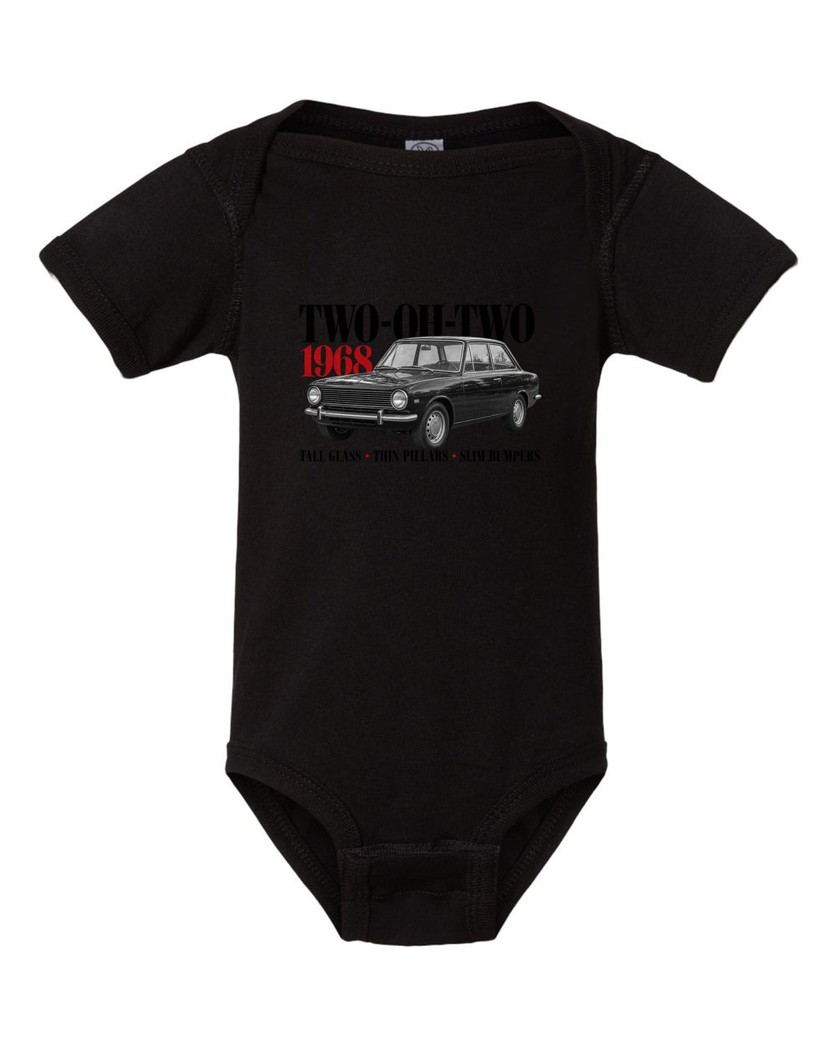 BMW 2002 editorial print with Two-Oh-Two 1968 headline and design details black baby onesie front view with the design