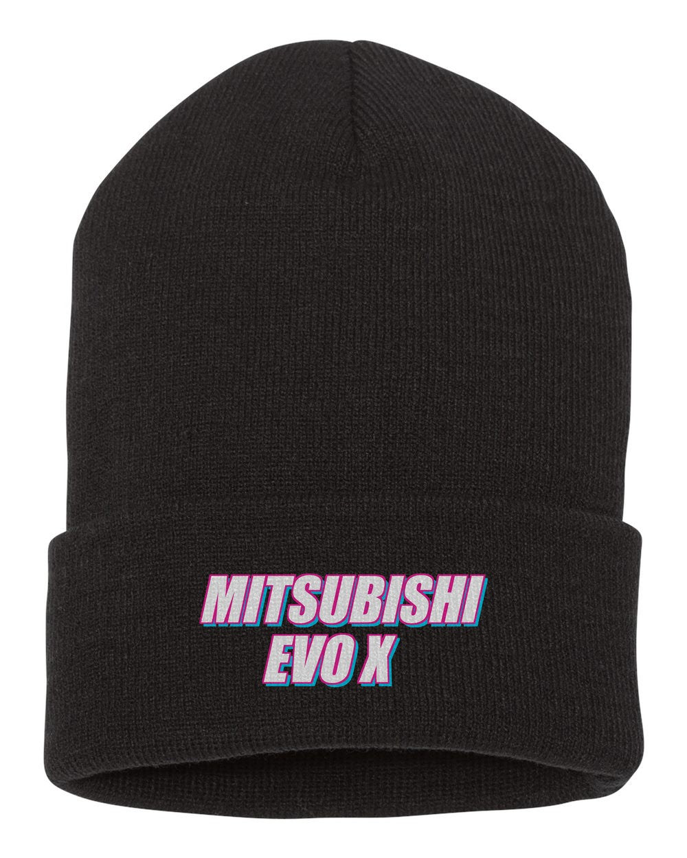 Mitsubishi Evo X black beanie front view with car name