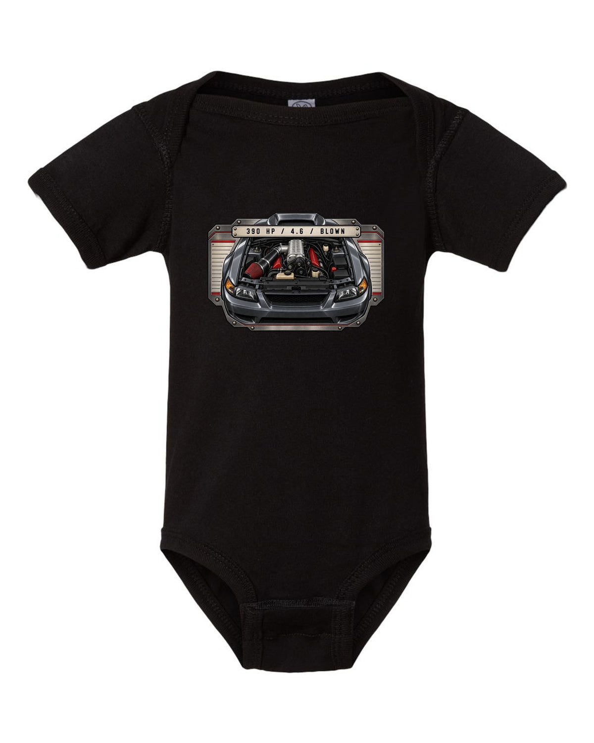 print spec plate design for the 2003-04 New Edge Mustang supercharged 4.6 V8 with 390 HP black baby onesie front view with the design