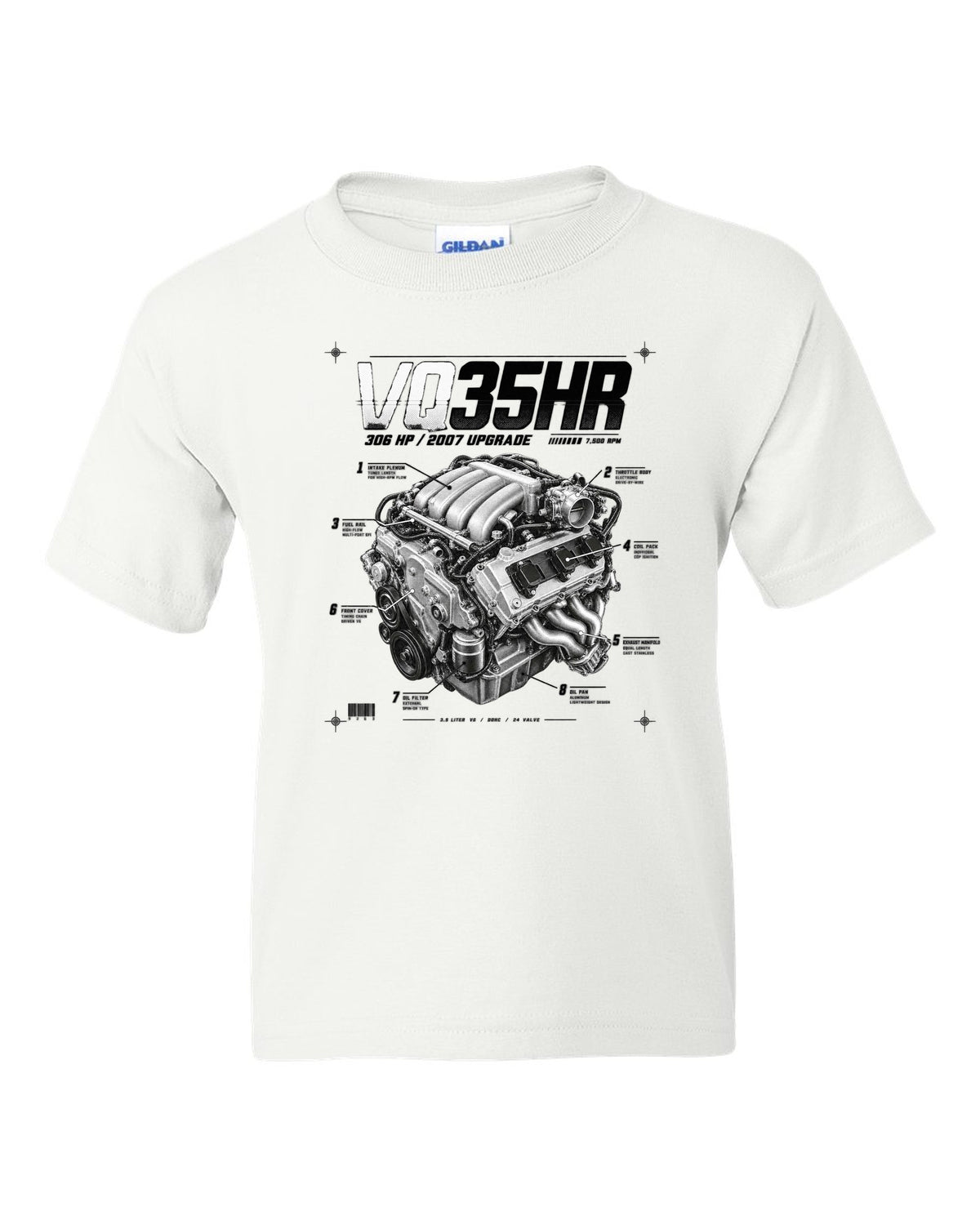 print of a Nissan 350Z Z33 VQ35HR engine plate with 306 HP and 7,500 RPM white kids tee front view with the design