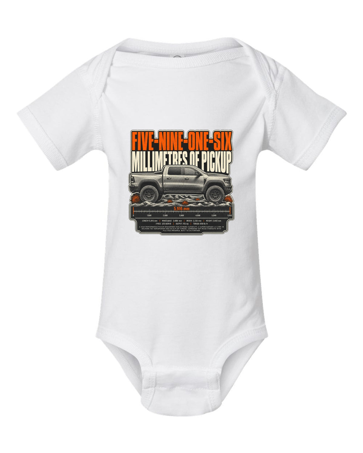 Ram 1500 TRX halftone print with 5916 millimetres text white baby onesie front view with the design