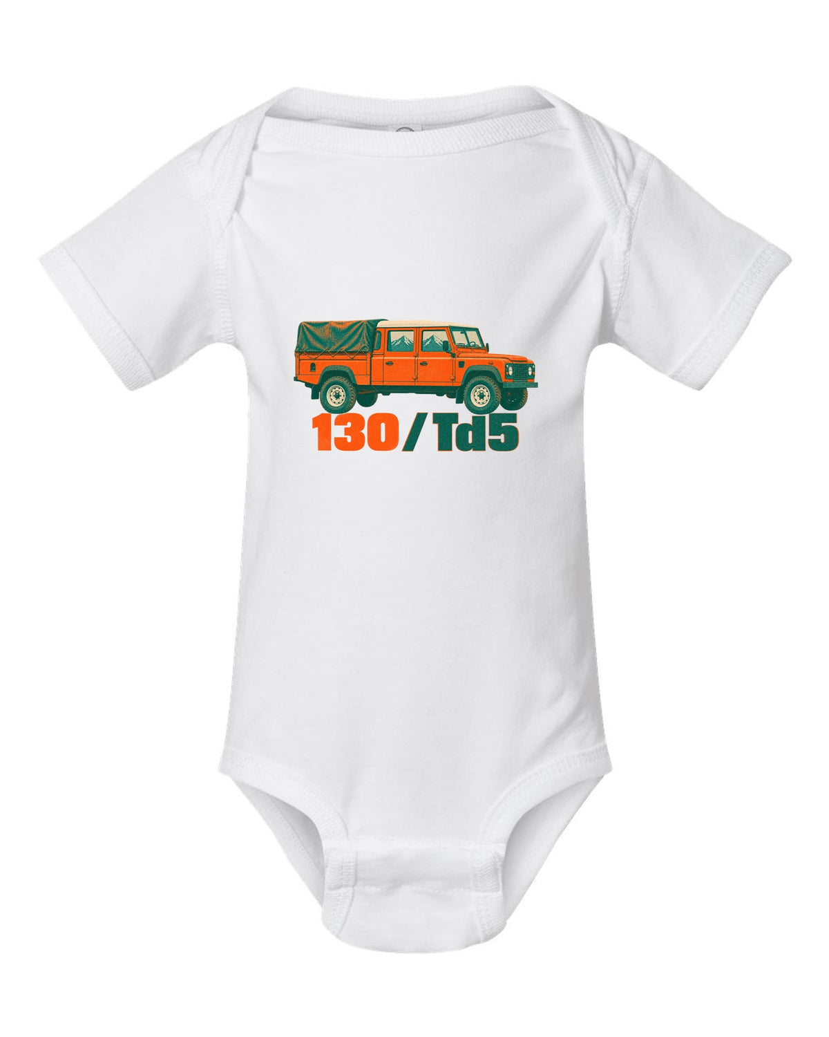 Risograph two-colour print of a Land Rover Defender 130 crew cab with 130 Td5 text white baby onesie front view with the design