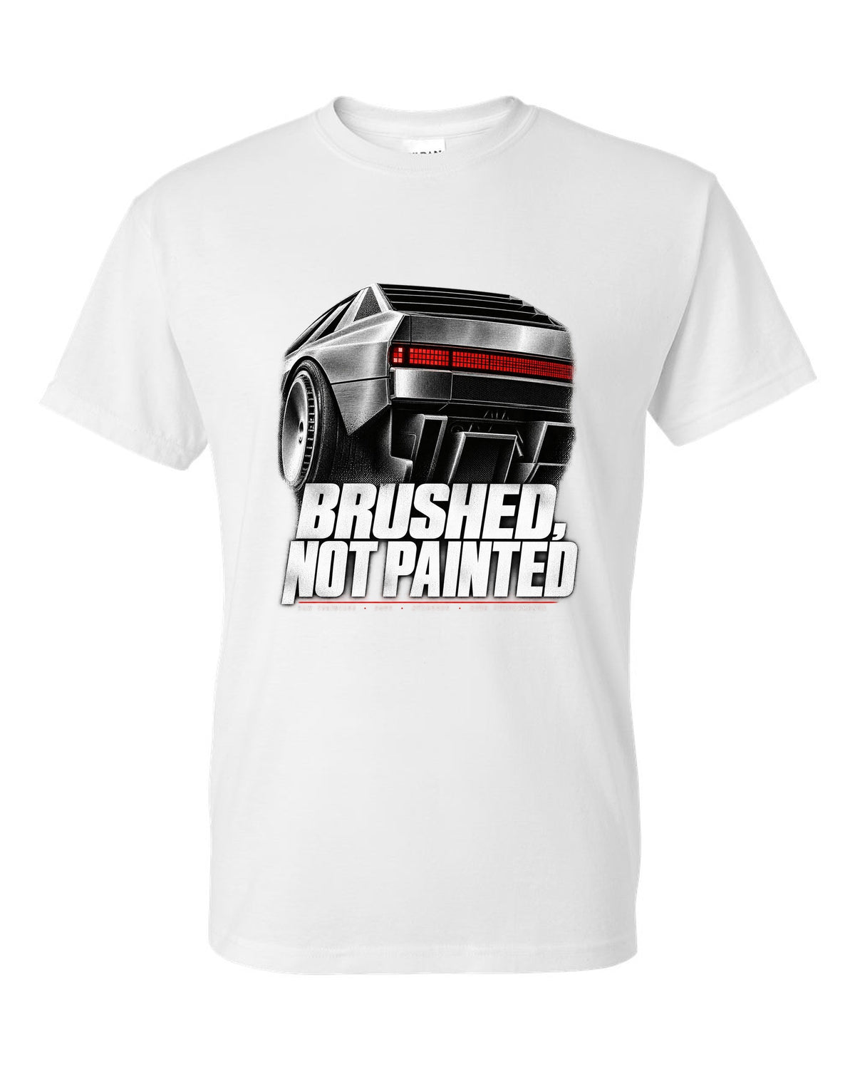 Hyundai N Vision 74 rear three-quarter macro print of pixel taillights white t-shirt front view with the design
