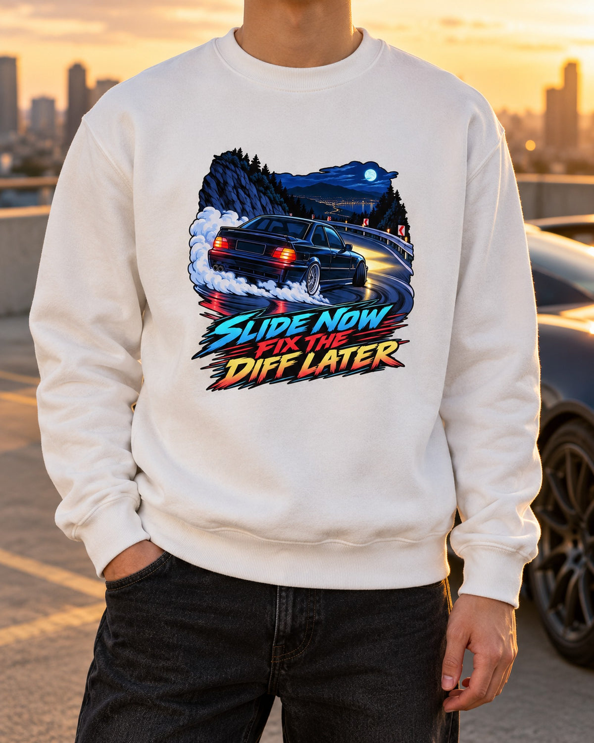 BMW E36 M3 S50 Spec Sheet Shirt, Car Guy Tee Crewneck White worn hero