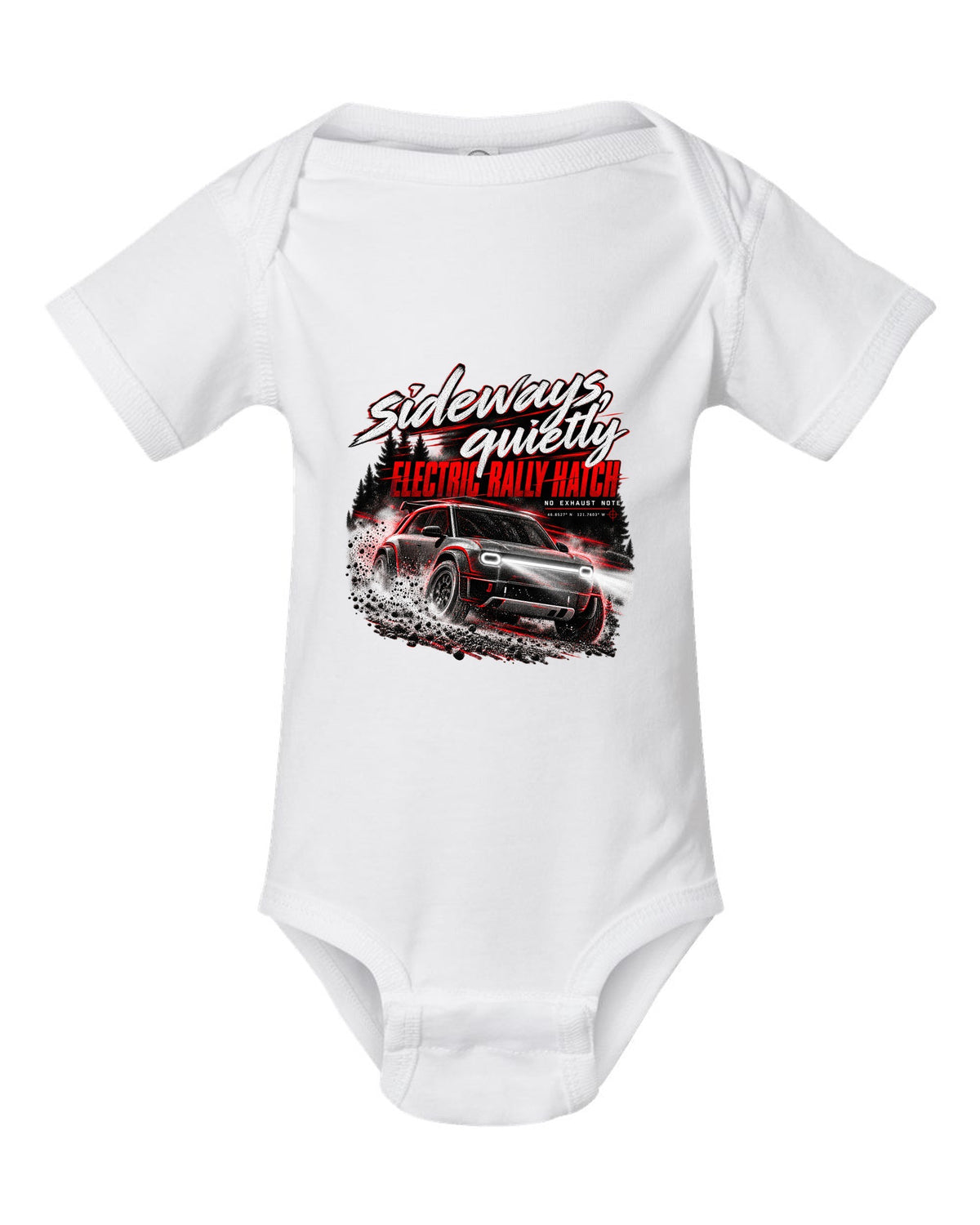Rivian R3X 2027 sliding on a night touge with the text sideways quietly, electric rally ch white baby onesie front view with the design