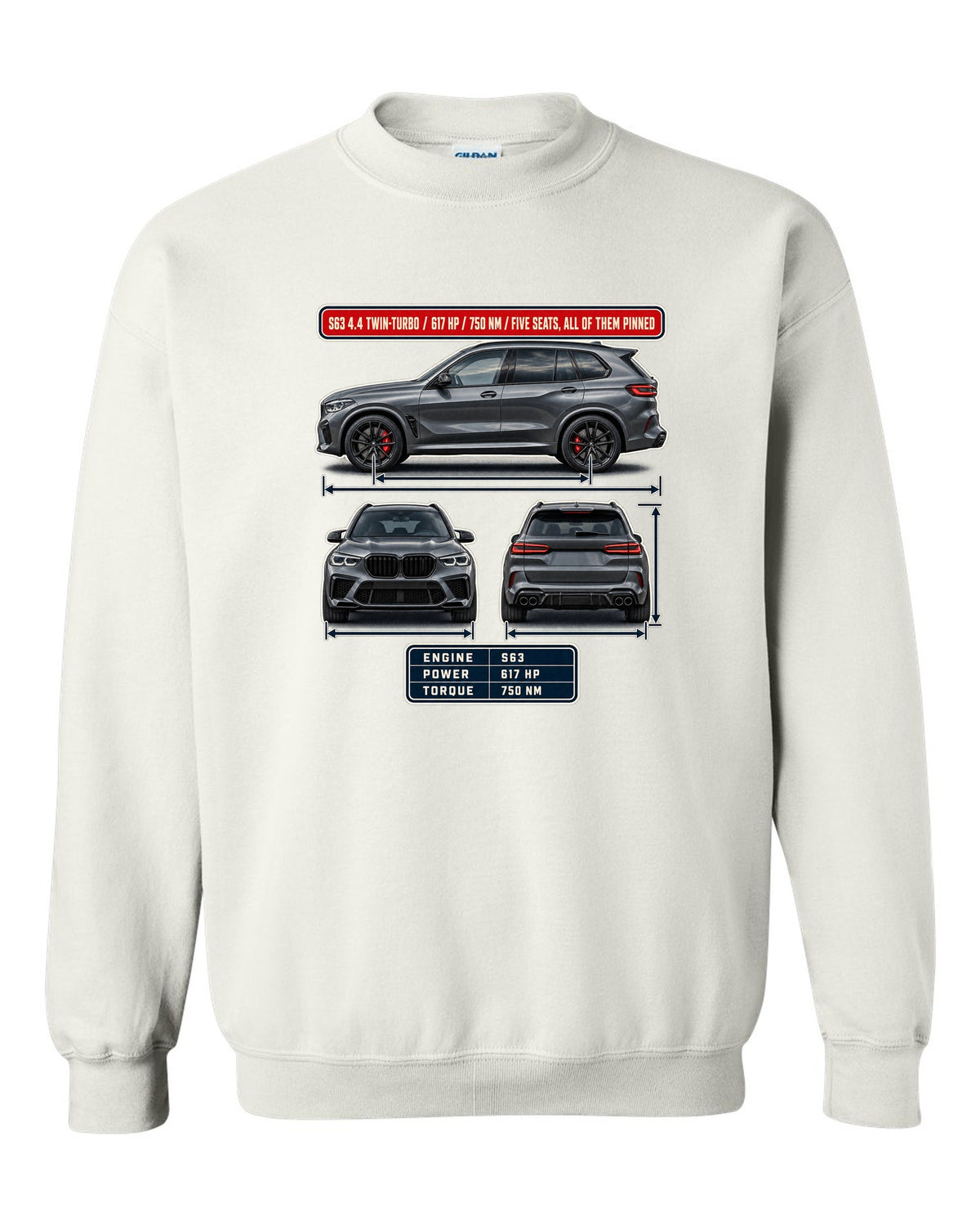 BMW X5 M Competition F95 three-view spec table print on a tee white crewneck front view with the design
