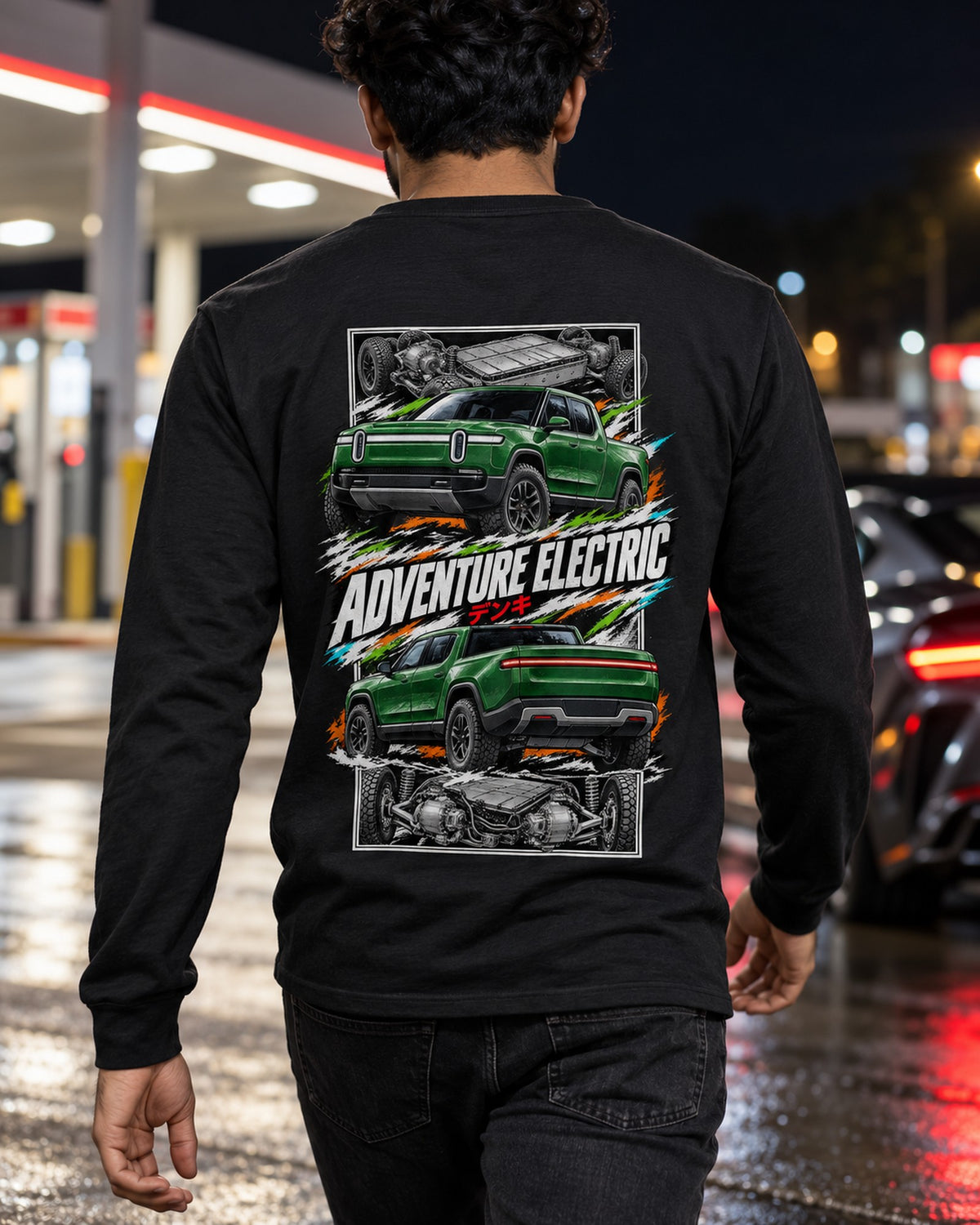 Rivian R1T Torn Poster Full-Back Graphic Tee Long Sleeve Black worn hero