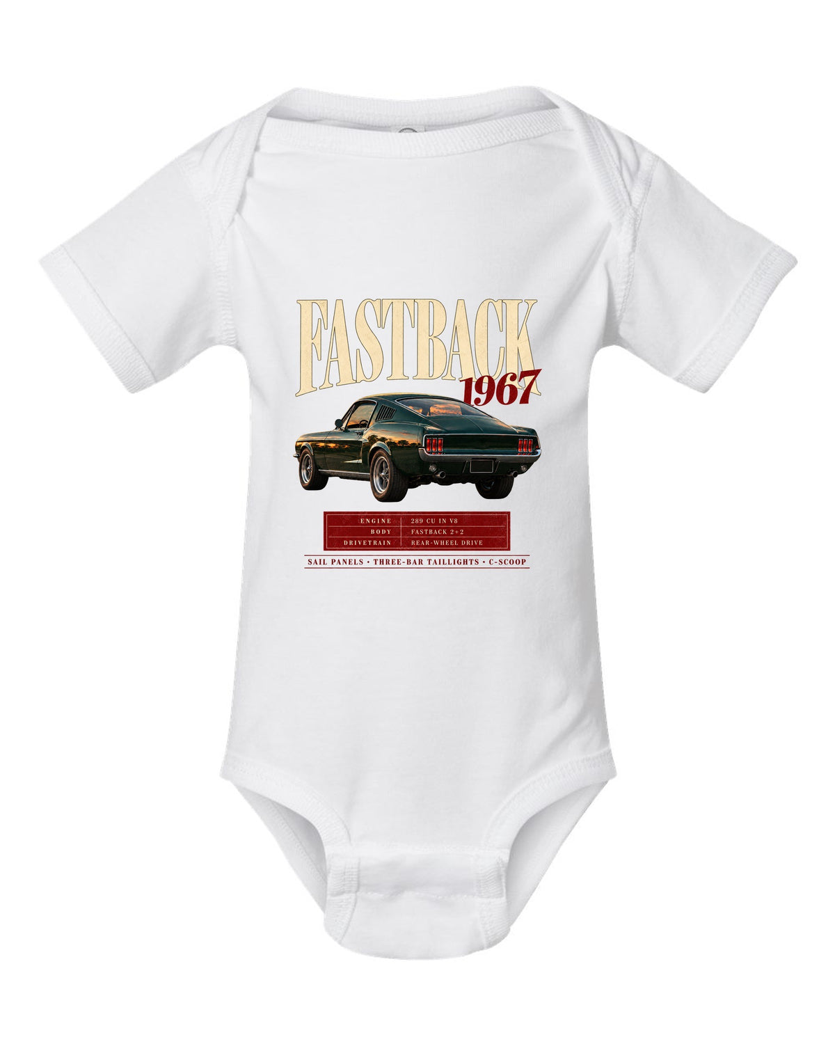 Archive panel illustration of a 1967 Ford Mustang fastback with 289 V8 spec callouts white baby onesie front view with the design
