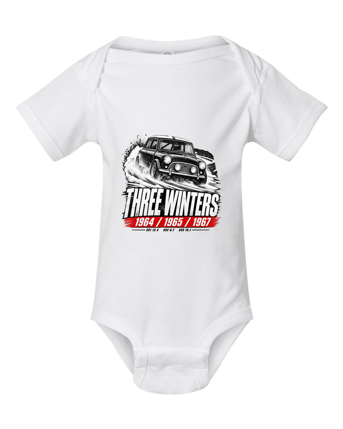 Race poster print of a 1964 Classic Mini Cooper S Mk I rally car with three winters text white baby onesie front view with the design