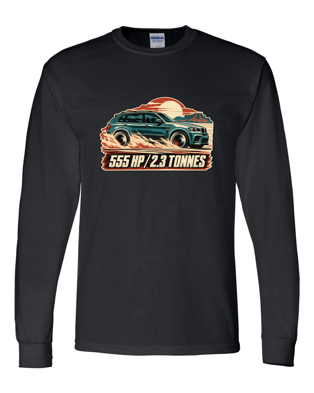 Vintage race poster print of a BMW X5 M E70 with 555 HP lettering black long sleeve front view with the design