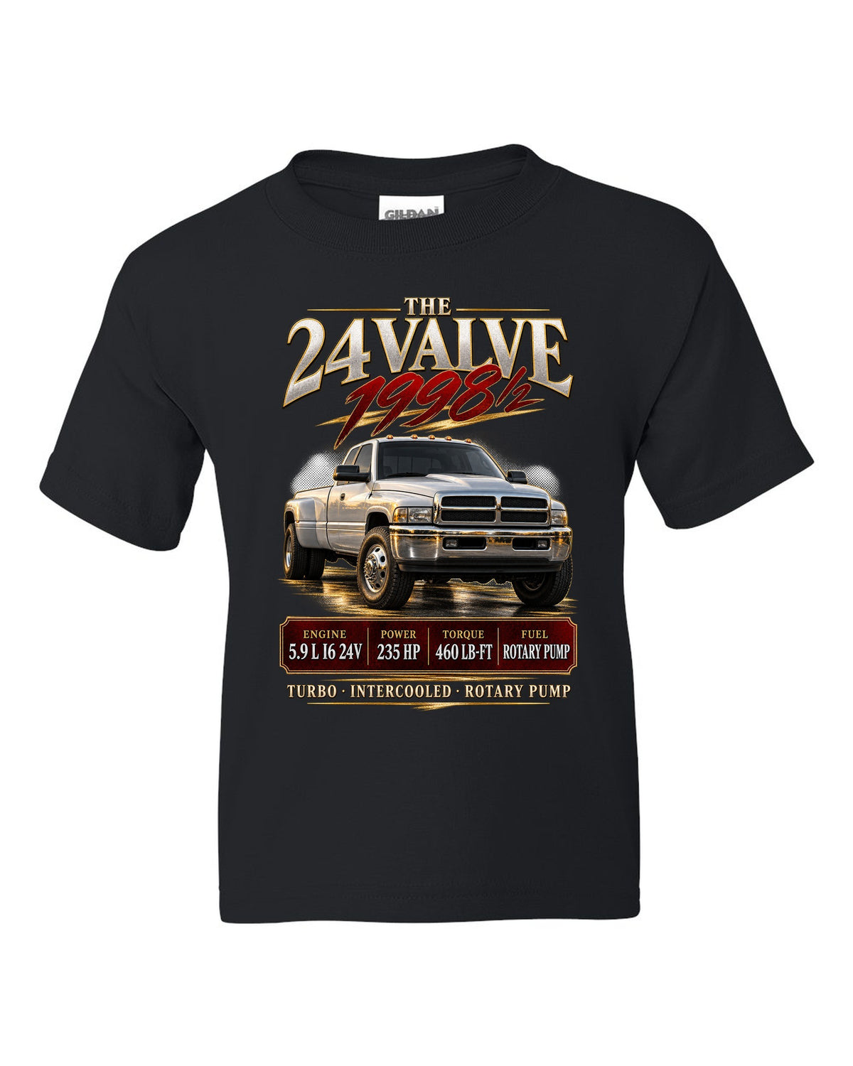 Archive panel of a 1998.5-2002 Ram 2500 2nd gen 24V with 235 HP and 460 lb-ft black kids tee front view with the design