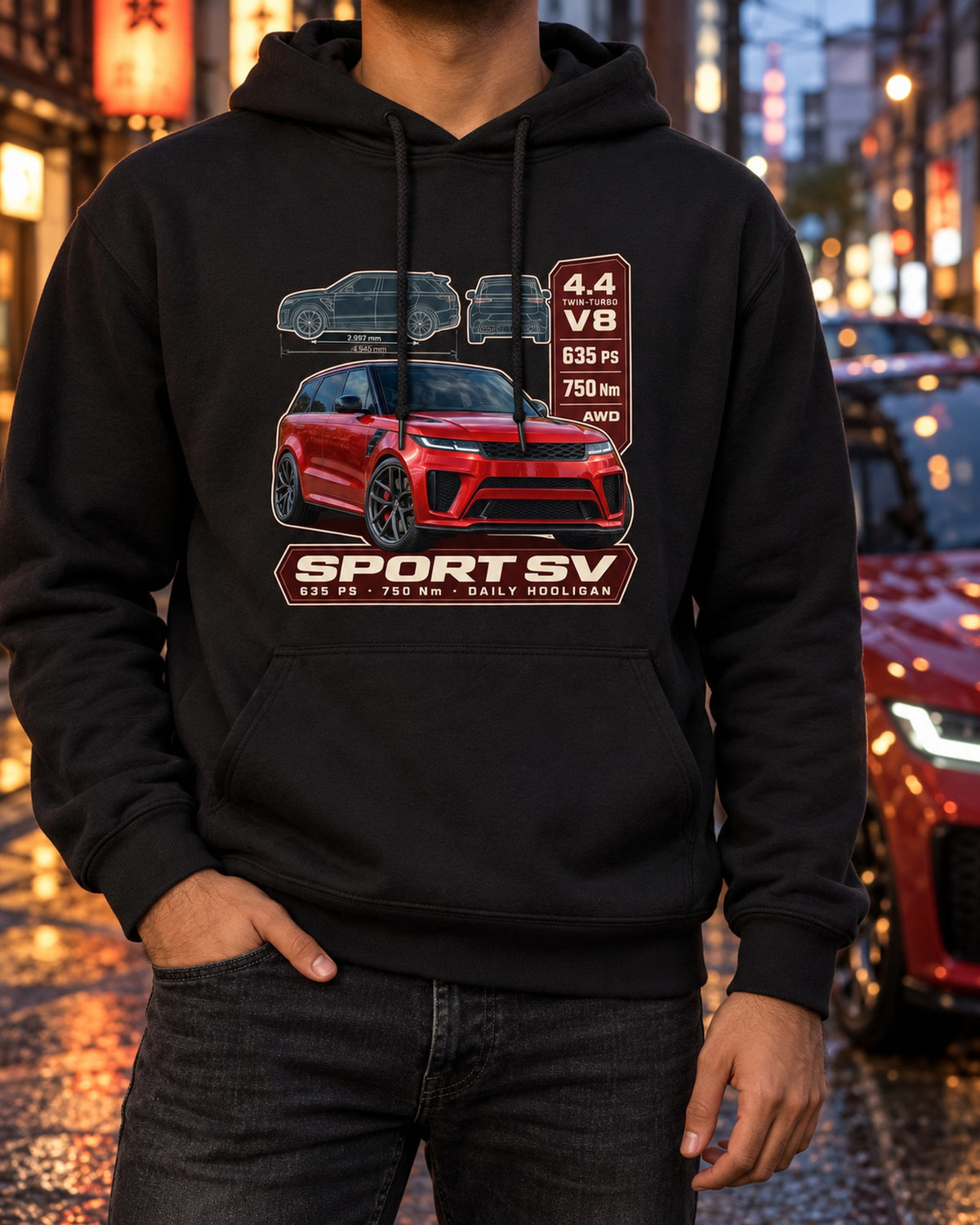 Range Rover Sport SV L461 Spec Poster Shirt, 635 PS Daily Driver Pull Over Hoodie Black worn hero
