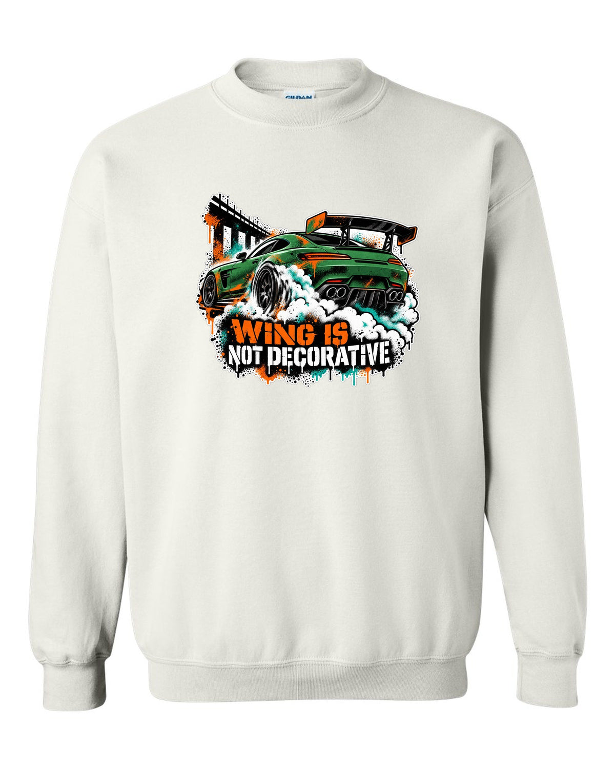 Risograph spot colour illustration of a Mercedes AMG GT R C190 in a garage with Track Day Monday Bill text white crewneck front view with the design