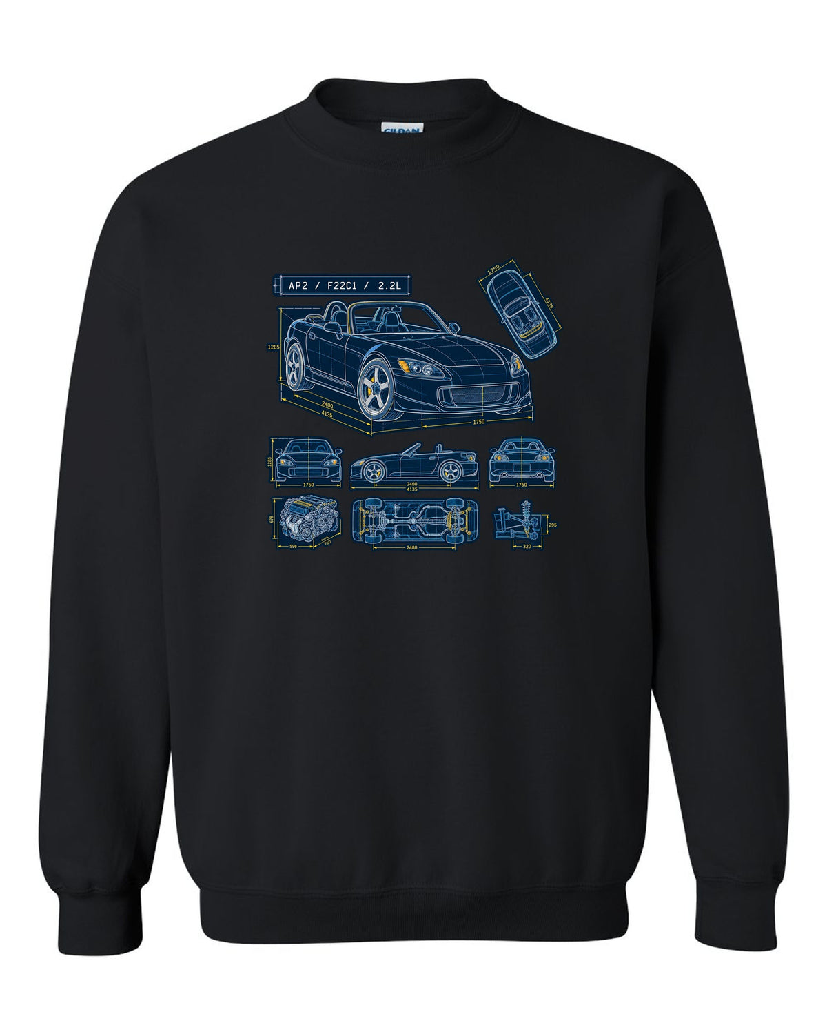Neon synthwave sunset print of a Honda S2000 AP2 with 8,200 RPM not 9,000 text black crewneck front view with the design